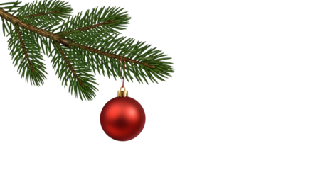 A single red christmas ornament hanging from a pine tree branch
