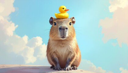 Cute little capybara with little yellow rubber duck on her head on pastel background. 
