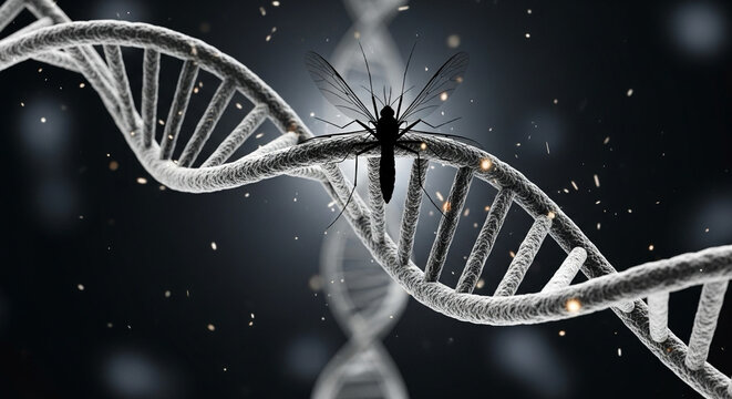 3D render of DNA strand with mosquito silhouette — research on genetic solutions - Powered by Adobe