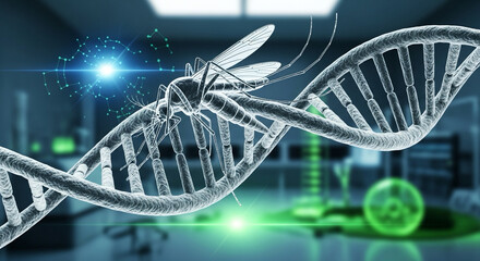 3D render of DNA strand with mosquito silhouette — research on genetic solutions
