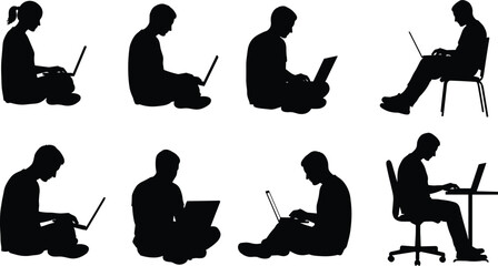 People silhouette working on laptops, sitting positions, freelancer concept, office work design, remote study illustration, technology communication, digital workspace vector