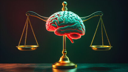 Ethical AI and Morality Concept: Human Brain on a Golden Scale of Justice