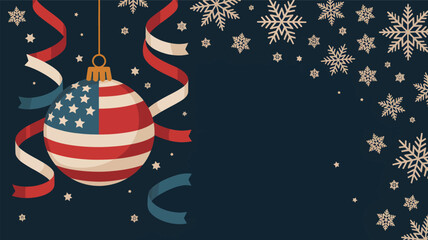 Obraz premium Festive american flag christmas ornament hanging with ribbons and snowflakes on a dark background silhouette