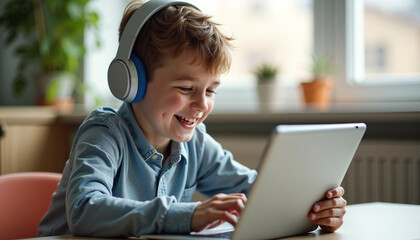 Young boy using tablet for education with headphones on at home. Online learning includes digital technology and connectivity for educational games.