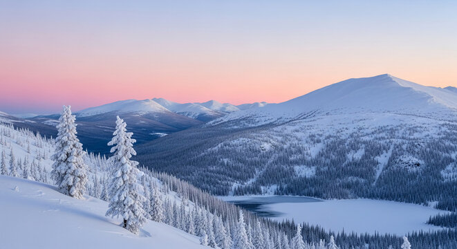 Scenic view of snow-covered mountain range with frozen lake and pine trees, showcasing winter landscape, representing coldness, adventure, and serenity