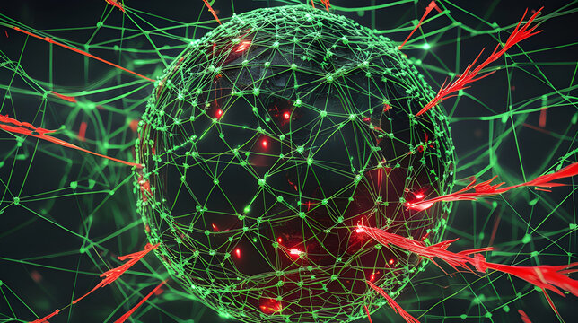 spider web on a green background Digital Network Security Concept: Abstract Sphere Grid Under Attack or Processing - Powered by Adobe