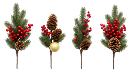 Collection of four christmas tree branches with red berries and pine cones