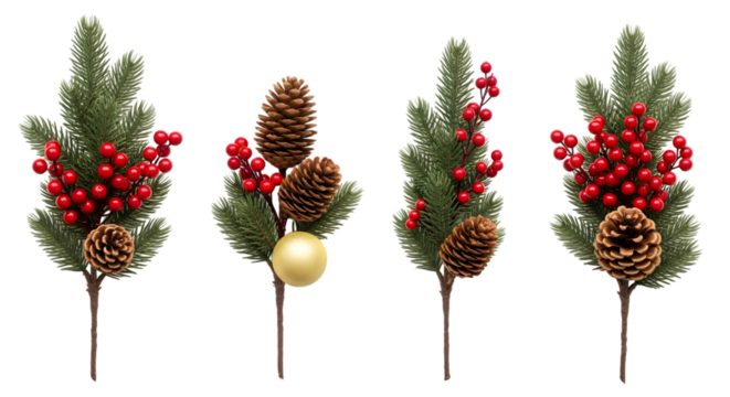 Collection of four christmas tree branches with red berries and pine cones