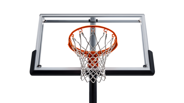 Basketball hoop with orange rim and white net on black background