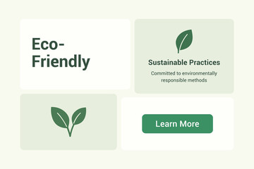 Eco-friendly web UI bento grid design featuring sustainable practices, leaf icons, and green tones. Perfect for environmental awareness, nature, and eco design concepts.