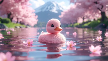 Cute little pink duck swimming in a pond, pastel pink springtime sakura trees and mount Fuji in background, japanese anime style.