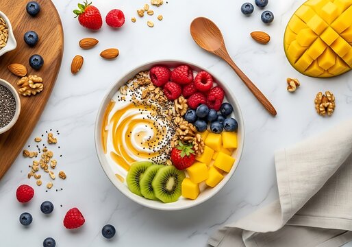 Vibrant and healthy breakfast smoothie bowl packed with fresh fruits nuts and seeds for a nutritious start