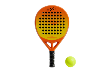 Orange padel racket with yellow ball on black background