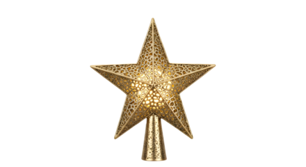 A decorative golden star tree topper with intricate cutouts