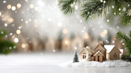 Fototapeta premium Small wooden houses are arranged in soft snow, with tiny trees and warm lights creating a cozy winter atmosphere