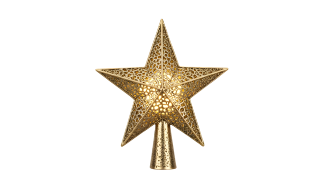 A decorative golden star tree topper with intricate cutouts