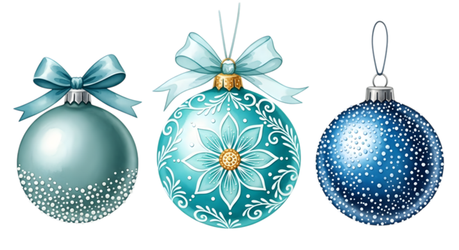 Three blue and teal christmas tree ornaments with bows and glitter