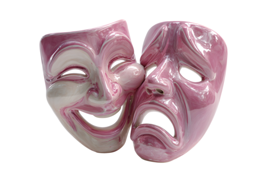 Pink theatrical comedy and tragedy masks in glossy finish