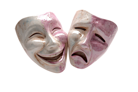 Theater comedy and tragedy masks in high contrast lighting on black background
