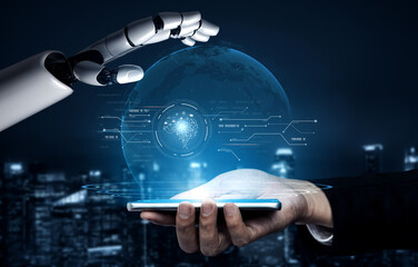 AI processing digital data through neural circuits, analyzing signals, powering intelligence, and managing core functions in a connected technology framework. Vouch