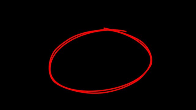 Red hand drawn circle frame animation on black background, Marker sketch round shape, Abstract scribble motion, Highlight or emphasis effect, Minimal ink circle drawing for graphic design elements