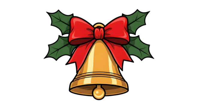 Golden christmas bell with a red bow and green holly leaves - Powered by Adobe