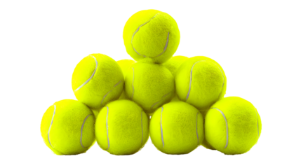 Pile of tennis balls arranged in pyramid formation