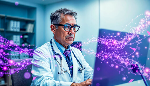 A friendly doctor communicates with a patient via video link, gives recommendations, consults online. DNA strands moving slowly symbolizing science and medical approach in conversation
