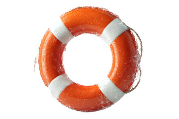 Orange lifebuoy ring with water droplets on black background