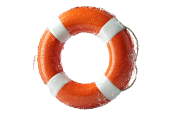 Orange lifebuoy ring with water droplets on black background