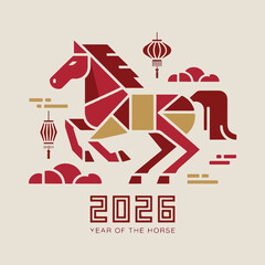 Modern Polygonal Horse and Cloud Design for Chinese New Year