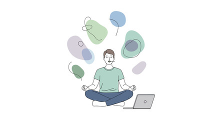 Workplace zen: calm meditation for stress relief with laptop and modern art design