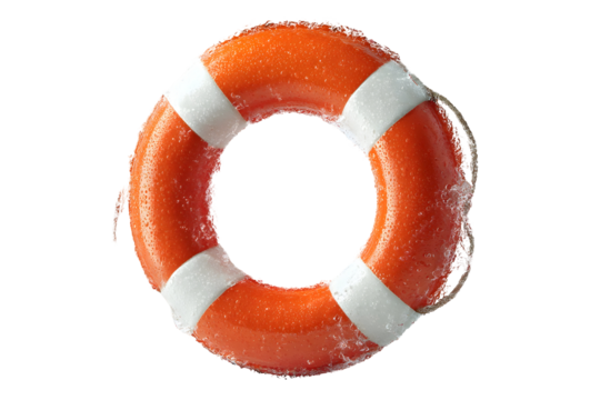 Orange lifebuoy ring with water droplets on black background - Powered by Adobe