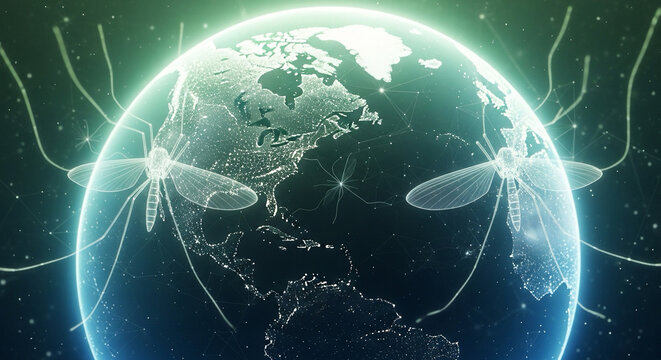 abstract glowing pattern showing Earth and mosquito wings fading — hope for eradication