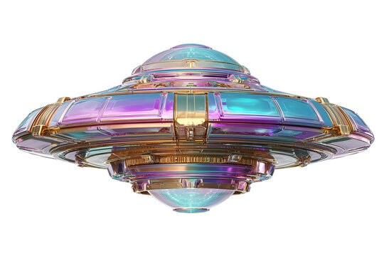 Futuristic spaceship with iridescent design and golden accents against black background