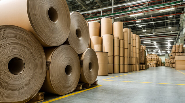 Large rolls of brown paper stacked neatly in a spacious warehouse during daylight hours for production and distribution Generative AI