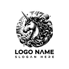 Mystical Unicorn Head Logo Vector Artwork. A detailed monochrome illustration for elegant branding, suitable as an EPS file graphic element