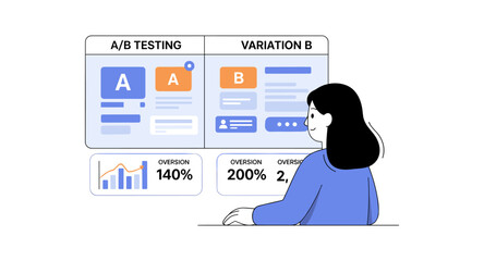 Flat design split testing concept with data analytics and user interaction