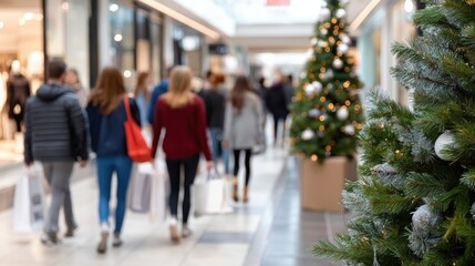 Obraz premium Shoppers walk through a bustling shopping center adorned with sparkling holiday decorations and a cheerful winter atmosphere