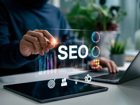 Man optimizing seo strategy with digital interface and laptop