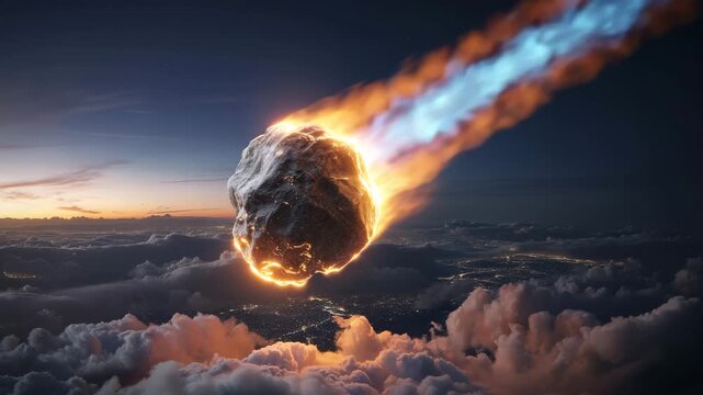 Fiery asteroid impact over city lights at dusk dramatic cosmic event approaching earth atmosphere 4K Ai HD high quality video.	
