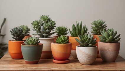 Fototapeta premium Assorted Succulents in Ceramic Pots Displayed on Wooden Surface, Natural Lighting.