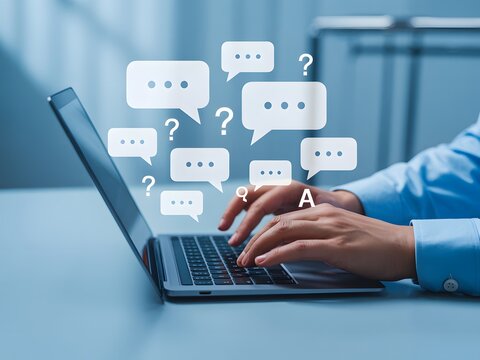 Digital communication, typing on laptop with speech bubble icons