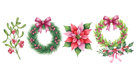 Christmas watercolor elements including mistletoe, wreaths, and poinsettia
