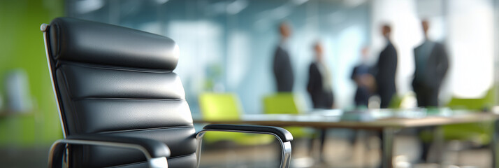 Conference room setting with empty chair in focus and blurred colleagues discussing in the background during a business meeting Generative AI