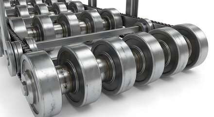 Close-up of an industrial roller conveyor system, showcasing a series of metallic rollers and a connecting chain mechanism against a pristine white background. 