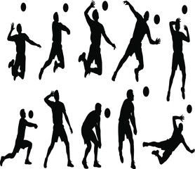 Silhouette of volleyball players in action, dynamic poses of athletes spiking, setting, and diving energetic team sport illustration