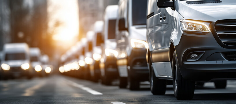 Busy street filled with delivery vans during golden hour in an urban setting Generative AI