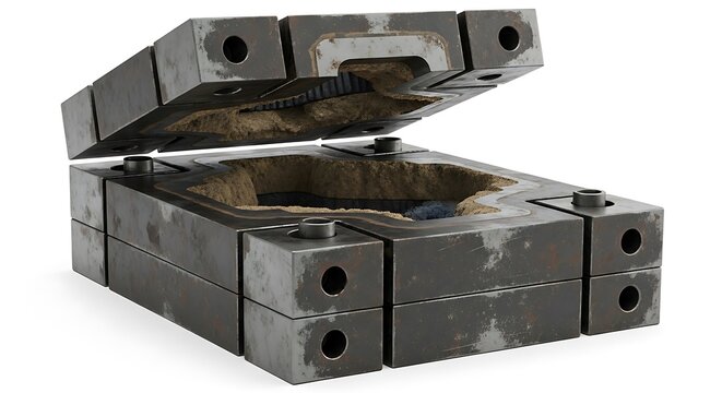  Open Industrial Injection Molding Die or Metal Casting Mold, Showing the Intricate Cavity and Robust Steel Construction with Bolts and Wear, Used in Manufacturing for Creating Complex Parts from Plas