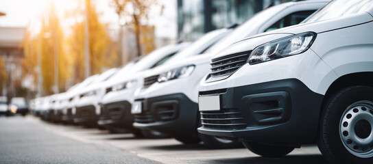 White commercial vehicles parked in a row on a city street during the day Generative AI